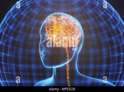 3D illustration. X-ray of the head and human brain in concept of neural connections and electrical pulses. Sparkles inside the brain. Powerful mind. Stock Photo
