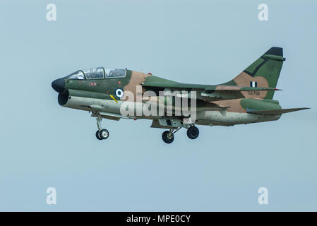 Greek Hellenic Air Force Ling Temco Vought TA-7C Corsair II fighter jet plane. Landing. HAF. Air Force of Greece. Training version of A-7 Corsair II Stock Photo