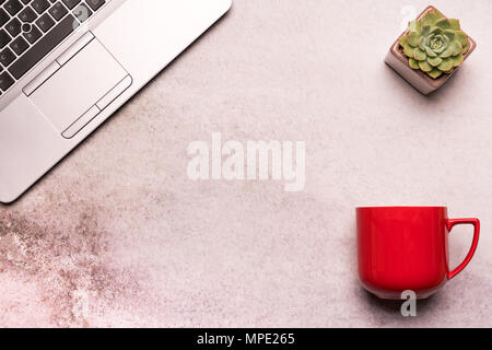 computer laptop on working table flat lay composition top view  with copy space Stock Photo