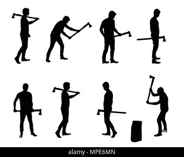 Set of realistic vector silhouettes of man with ax, standing, walking and chopping wood Stock Vector