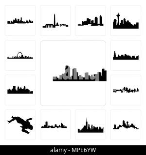 Set Of 13 simple editable icons such as denver skyline, dallas skyline on white background, , nyc wisconsin, crime scene body, kansas city can be used Stock Vector