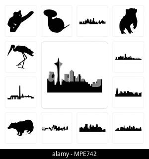 Set Of 13 simple editable icons such as seattle skyline on white background, , st paul minneapolis background, can be used for mobile, web UI Stock Vector