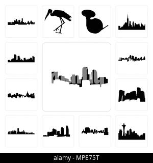 Set Of 13 simple editable icons such as boston skyline on white background, , seattle south carolina, long island, florida, minnesota can be used for  Stock Vector