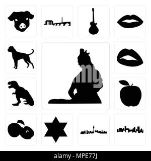 Set Of 13 simple editable icons such as lord shiva outline images on white background, , denver skyline, las vegas star of david, apple, t rex, lips c Stock Vector