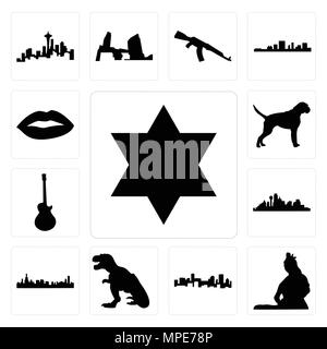 Set Of 13 simple editable icons such as star of david, lord shiva outline images on white background, , denver skyline, t rex, chicago skyline can be  Stock Vector