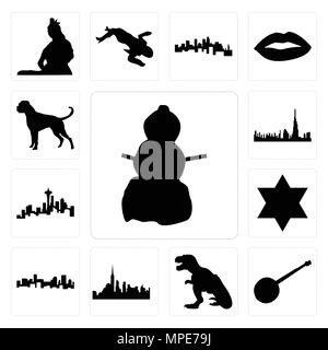 Set Of 13 simple editable icons such as snowman, banjo, t rex, nyc skyline, denver star of david, seattle skyline on white background, , dubai boxer d Stock Vector