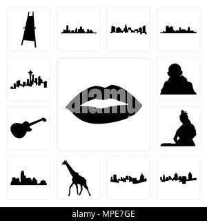 Set Of 13 simple editable icons such as lips, cincinnati skyline, pittsburgh giraffe, austin lord shiva outline images on white background, can be use Stock Vector