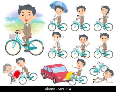 Set of various poses of Beige suit short hair beard man ride on city bicycle Stock Vector