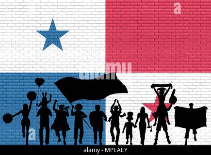 Panamanian supporter silhouette in front of brick wall. All the objects, silhouettes and the brick wall are in different layers. Stock Vector