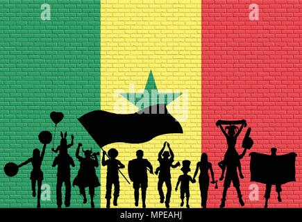 Senegalese supporter silhouette in front of brick wall with Senegal flag. All the objects, silhouettes and the brick wall are in different layers. Stock Vector