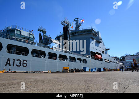 YOKOSUKA, Japan (Feb. 11, 2017) – Royal Fleet Auxiliary (RFA) Tidespring (A136) pulls into Fleet Activities (FLEACT) Yokosuka. RFA Tidespring is the first Tide-class tanker the Royal Navy has taken delivery of from South Korean shipbuilding company Daewoo Shipbuilding & Marine Engineering (DSME). Tidespring’s port call to FLEACT Yokosuka was a scheduled visit sponsored by the United Nations Command (Rear). FLEACT provides, maintains, and operates base facilities and services in support of 7th Fleet's forward-deployed naval forces, 83 tenant commands, and 24,000 military and civilian personnel. Stock Photo