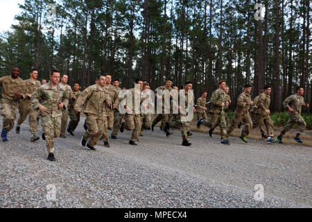 Soldiers of 6th Squadron, 8th Cavalry Regiment, 2nd Infantry Brigade Combat Team, 3rd Infantry Division begin a five-mile run February 8, 2017 at Fort Stewart, Ga. Troopers of 6-8 Cav. participated and hosted a selection to determine who would go on to compete for a spot in this year's biennial Gainey Cup competition. (U.S. Army photo by Sgt. Robert Harris/Released)