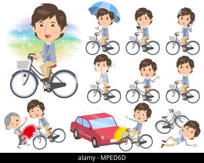 Set of various poses of Jacket blue vest men ride on city bicycle Stock Vector