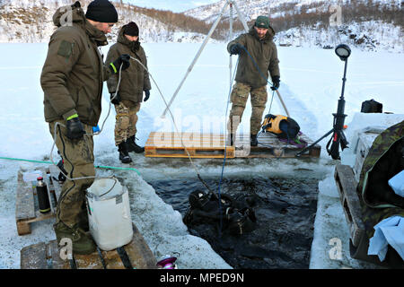 170211-N-N0901-001  RAMSUND, Norway (Feb. 11, 2017) Members of the Royal Norwegian Navy Explosive Ordnance Disposal Command demonstrate ice diving ordnance recovery tactics, techniques, and procedures to members of Explosive Ordnance Disposal Mobile Unit (EODMU) 8 during Exercise Arctic Specialist 2017. EODMU-8 is participating in Exercise Arctic Specialist 2017, a multi-national EOD exercise conducted in the austere environments of northern Norway. (U.S. Navy photo by Lt. j.g. Seth Wartak/Released) Stock Photo