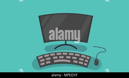 New computer with keyboard and mouse vector illustration.Personal computer flat style on blue background. Stock Vector