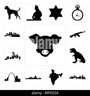 Set Of 13 simple editable icons such as pig face, denver skyline, india map, cincinnati missouri, t rex, seattle skyline on white background, , ak47,  Stock Vector