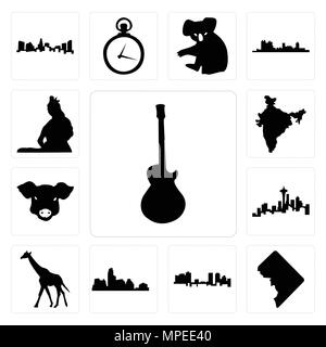 Set Of 13 simple editable icons such as image les paul, dc, fort worth skyline, austin giraffe, seattle skyline on white background, , pig face, india Stock Vector