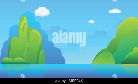 Islands with hills and sky background vector illustration.Beautiful nature scene with lake and mountains. Stock Vector