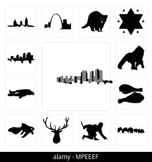 Set Of 13 simple editable icons such as haiti, utah, ninja, elk head, goldfish, turkey leg, chalk, gorilla, arkansas can be used for mobile, web UI Stock Vector