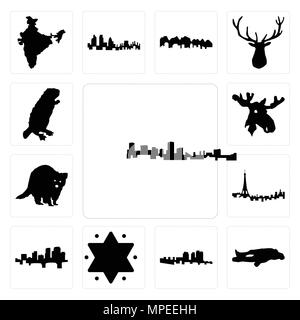 Set Of 13 simple editable icons such as maryland outline, in black, chalk, haiti, star of david, arkansas, paris skyline, raccoon, moose head, beaver  Stock Vector