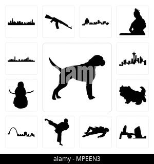 Set Of 13 simple editable icons such as boxer dog, long island, crime scene body, karate kick, st louis skyline, shih tzu, snowman, seattle skyline on Stock Vector
