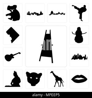 Set Of 13 simple editable icons such as painter easel, lips, giraffe, jaguar face, lord shiva outline images on white background, , houston skyline, i Stock Vector