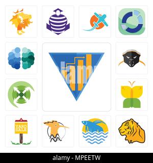 Set Of 13 simple editable icons such as yield, tiger, betta fish, hoopoe, yard sale, buterfly, extend, honey badger, free brain can be used for mobile Stock Vector