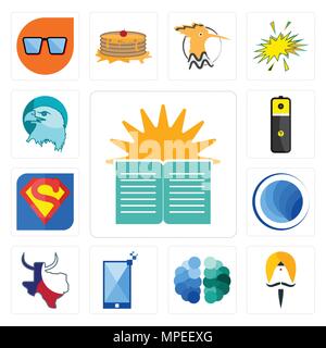 Set Of 13 simple editable icons such as sunday school, sikh, free brain, phone, made in texas, globe, s, lithium battery, eagle head can be used for m Stock Vector