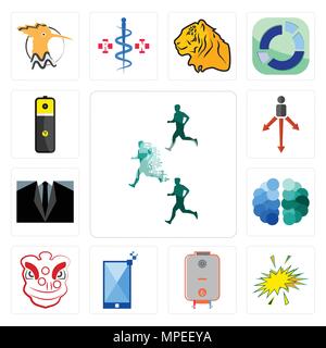 Set Of 13 simple editable icons such as competitive advantage, starburst, boiler, phone, lion dance, free brain, dress code, approach, lithium battery Stock Vector