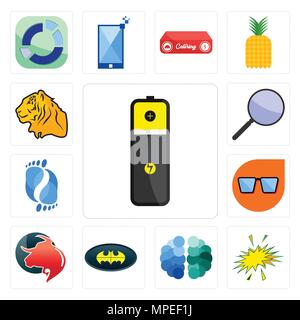 Set Of 13 simple editable icons such as lithium battery, starburst, free brain, bat, taurus professional, nerd glasses, podiatry, focus group, tiger c Stock Vector