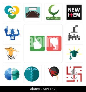 Set Of 13 simple editable icons such as good bad, jain, rocket, hipaa, free brain, education, hoopoe, public relations, sports fan can be used for mob Stock Vector