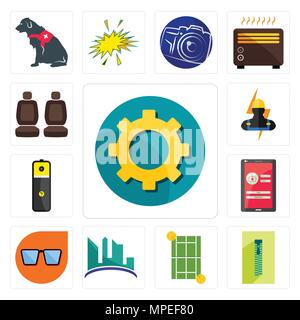 Set Of 13 simple editable icons such as transparent gear, zipper, tennis court, contruction, nerd glasses, login screen, lithium battery, electrician, Stock Vector
