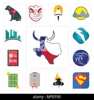 Set Of 13 simple editable icons such as made in texas, s, electrician, boiler, tennis court, photography camera, login screen, albatross, contruction  Stock Vector