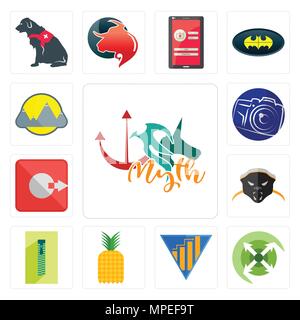 Set Of 13 simple editable icons such as myth, extend, yield, pinapple, zipper, honey badger, output, photography camera, montain can be used for mobil Stock Vector