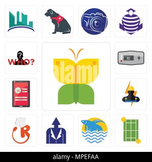 Set Of 13 simple editable icons such as buterfly, tennis court, betta fish, personal development, resturant, electrician, login screen, thermostat, my Stock Vector
