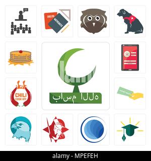 Set Of 13 simple editable icons such as bismillah, education, globe, spartan, eagle head, money back guarantee, chili cook off, login screen, pancake  Stock Vector