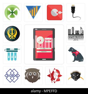 Set Of 13 simple editable icons such as login screen, honey badger, spartan, free owl, generic, service dog, water filter, established, khanda can be  Stock Vector