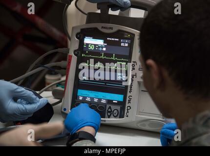 U.S. Air Force Airmen with the 35th Medical Group prepare a Philips HeartStart MRx defibrillator and heart monitor during training at Misawa Air Base Japan Feb. 3 2017. The tool includes automated