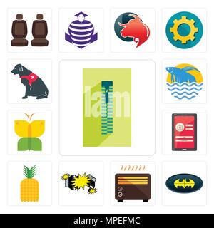 Set Of 13 simple editable icons such as zipper, bat, heater, car crash, pinapple, login screen, buterfly, betta fish, service dog can be used for mobi Stock Vector