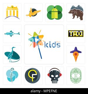 Set Of 13 simple editable icons such as kids channel, celtic tree of life, skull with headphone, qf, neurosurgery, travel, heron, taksi, fishing team  Stock Vector