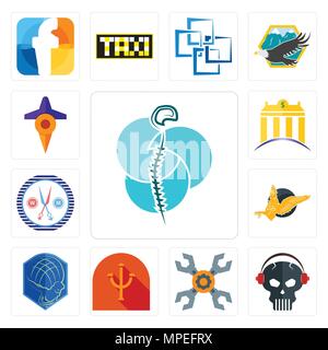 Set Of 13 simple editable icons such as neurosurgery, skull with headphone, appliance repair, psi, atlas, gryphon, unisex salon, banque, travel can be Stock Vector