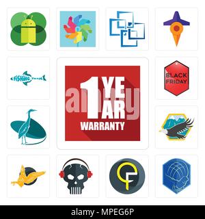 Set Of 13 simple editable icons such as 1 year warranty, atlas, qf, skull with headphone, gryphon, eagle, heron, black friday, fishing team can be use Stock Vector