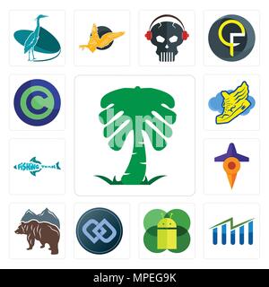 Set Of 13 simple editable icons such as saudi palm, free stock, mobile os a, double d, bear, travel, fishing team, shoe with wings, copyright can be u Stock Vector
