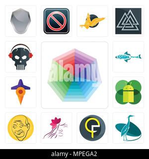 Set Of 13 simple editable icons such as heptagon, heron, qf, parlour, patel, mobile os a, travel, fishing team, skull with headphone can be used for m Stock Vector