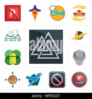 Set Of 13 simple editable icons such as valknut, pinetree, restricted entry, plumber, passion fruit, shield, mobile os a, gryphon, moutain can be used Stock Vector
