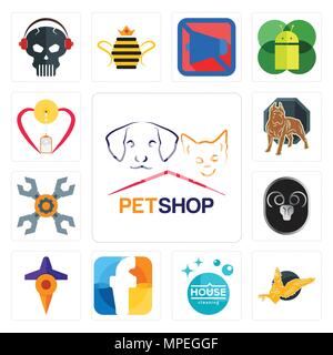 Set Of 13 simple editable icons such as petshop, gryphon, house cleaning, f, travel, ram, appliance repair, pit bull, breastfeeding can be used for mo Stock Vector