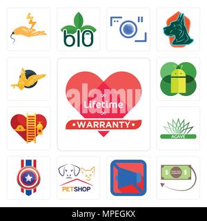 Set Of 13 simple editable icons such as lifetime warranty, money back guarantee, mobile silent, petshop, captain america, agave, volunteer fire depart Stock Vector