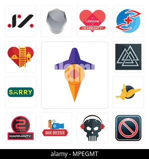 Set Of 13 simple editable icons such as travel, restricted entry, skull with headphone, hair dresser, 2 years warranty, gryphon, sorry, valknut can be Stock Vector