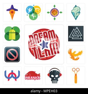 Set Of 13 simple editable icons such as dream team, scissors, skull with headphone, piranha, wn, phoenix, restricted entry, valknut, mobile os a can b Stock Vector