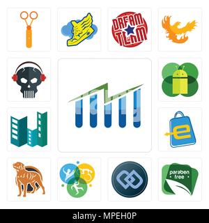 Set Of 13 simple editable icons such as free stock, paraben free, double d, swim bike run, rottweiler, eshop, construction, mobile os a, skull with he Stock Vector